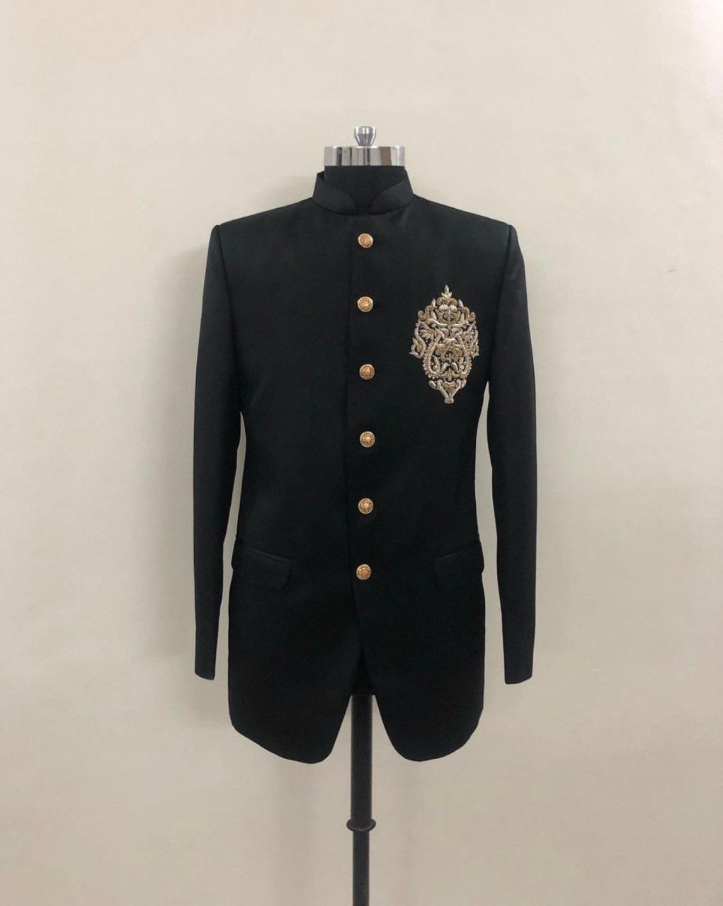 Black Plain Nehru Coat With Handwork