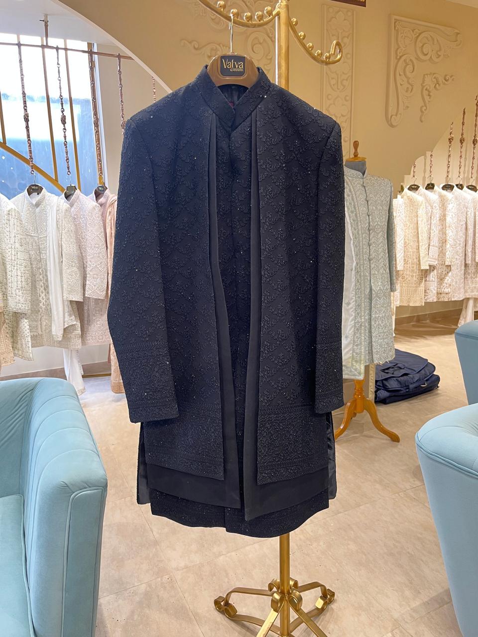 Black Chikankari Achkan With Handwork