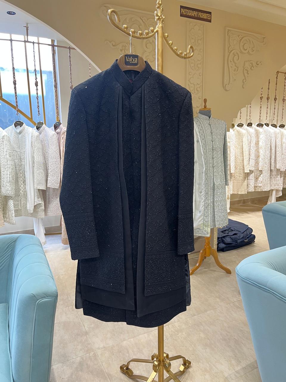 Black Chikankari Achkan With Handwork