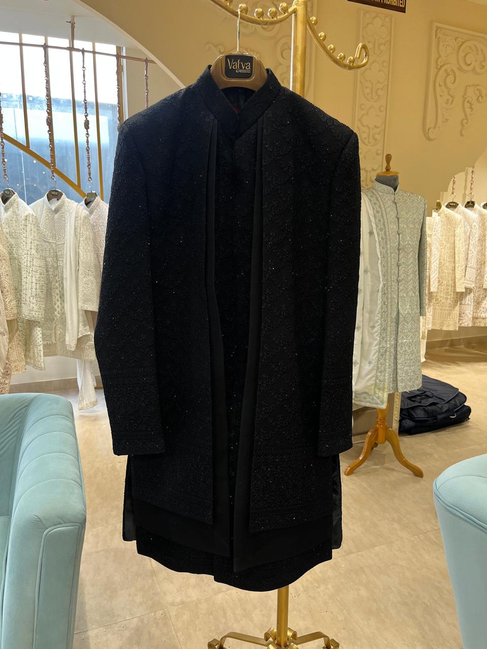 Black Chikankari Achkan With Handwork