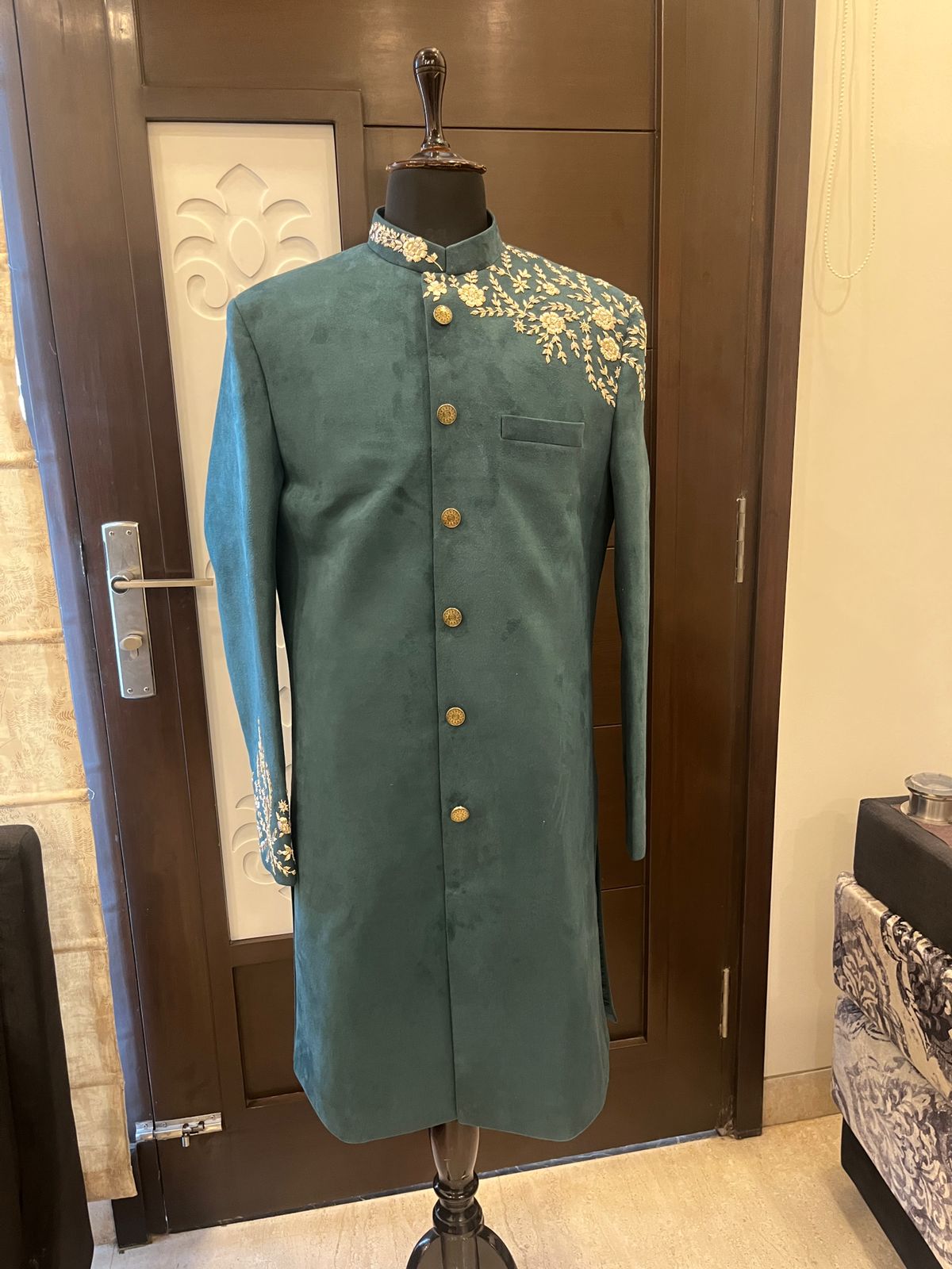 Green Velvet Handwork Achkan For Men | Groom Outfit | Coktail Party Outfit | Groomsmen outfit | Velvet Sherwani For Wedding