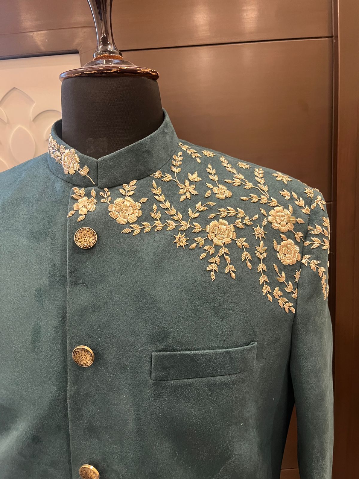 Green Velvet Handwork Achkan For Men | Groom Outfit | Coktail Party Outfit | Groomsmen outfit | Velvet Sherwani For Wedding