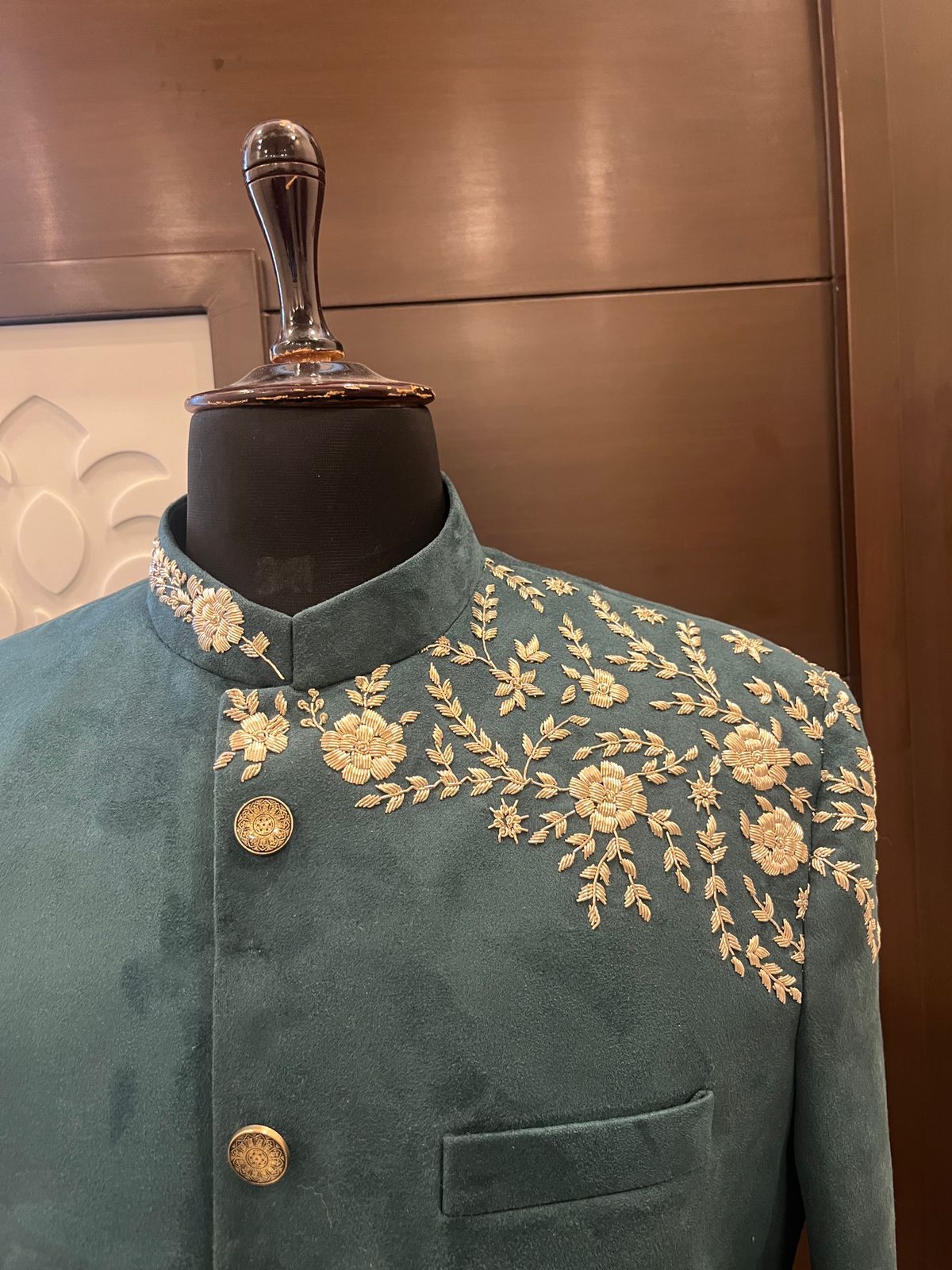 Green Velvet Handwork Achkan For Men | Groom Outfit | Coktail Party Outfit | Groomsmen outfit | Velvet Sherwani For Wedding