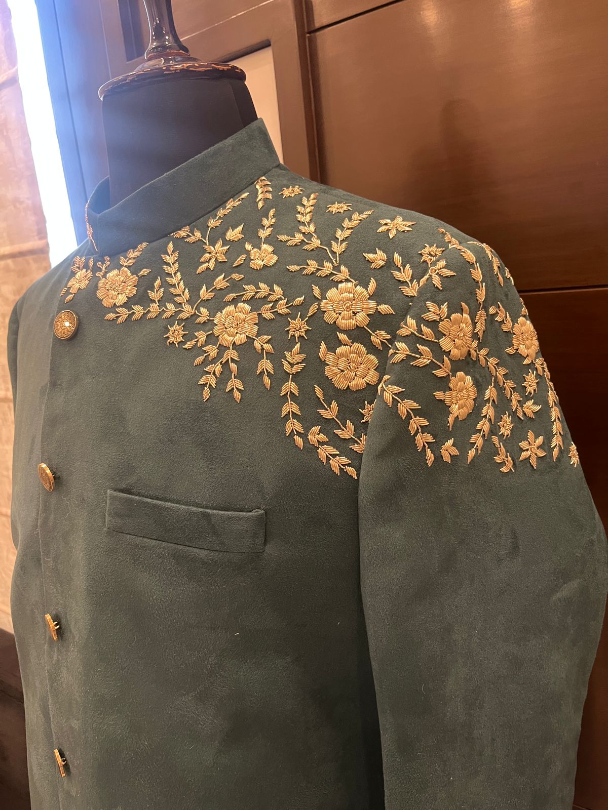 Green Velvet Handwork Achkan For Men | Groom Outfit | Coktail Party Outfit | Groomsmen outfit | Velvet Sherwani For Wedding