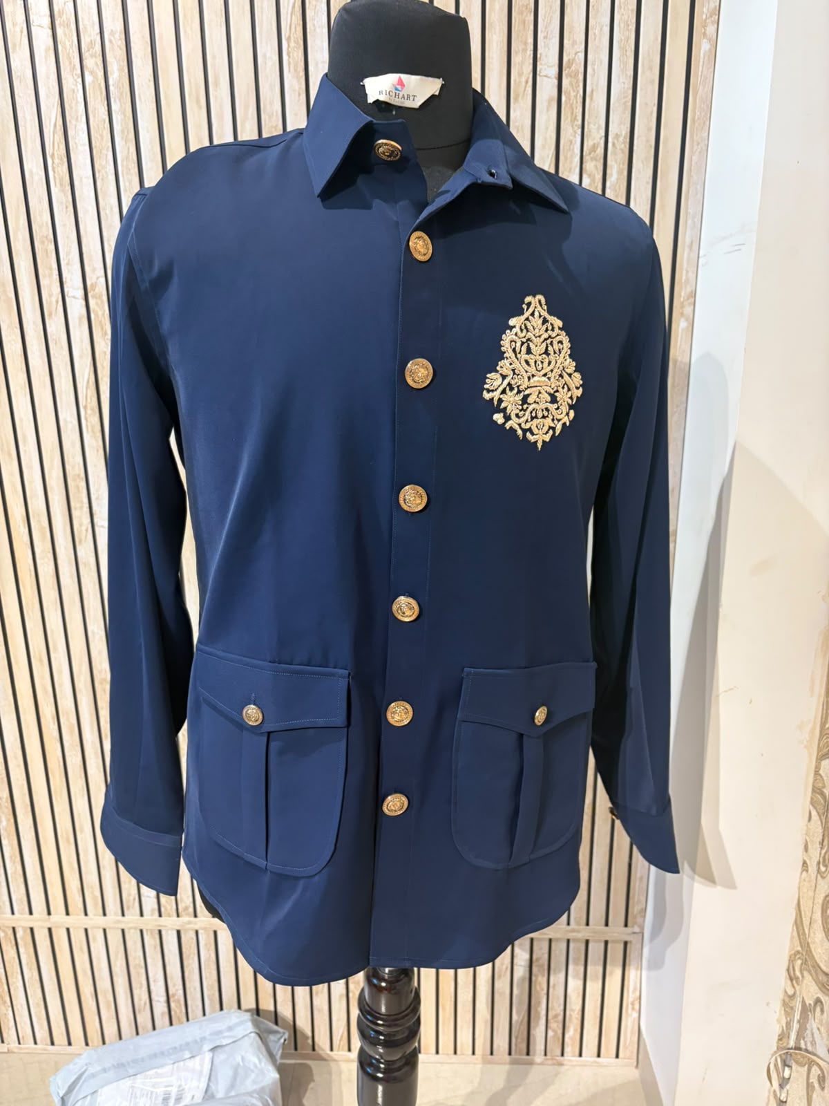 Navy Blue Zardozi Shirt for Men | Lachka Fabric | Structured Nehru-Collar Overshirt | Sangeet, Cocktail, Wedding & Party Wear | RichArt