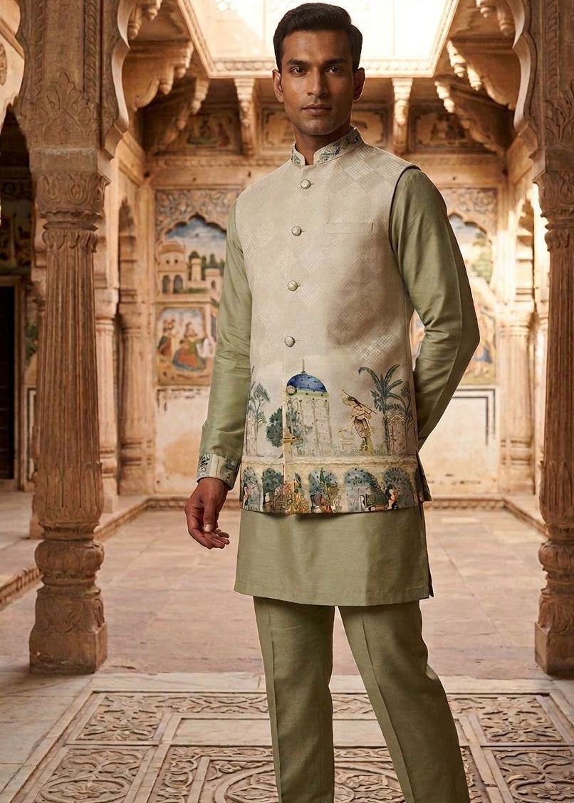 Handwork Nehru Jacket with kurta pyjama set For Men | Modi Jacket 3 piece set | Indian wedding wear outfits | waistcoat | kurta pant with jacket