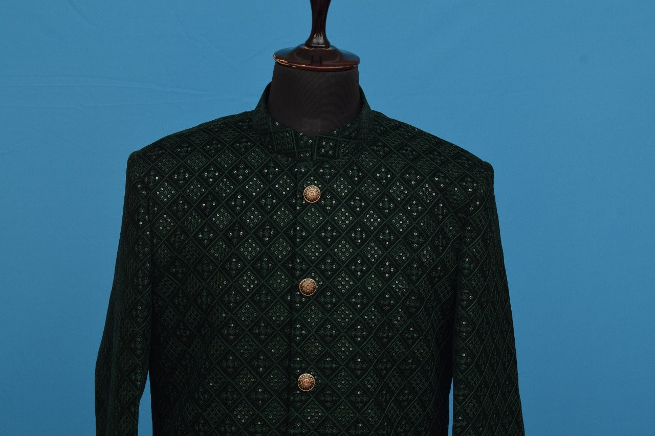Green Sequence Work Achkan On Velvet Fabric