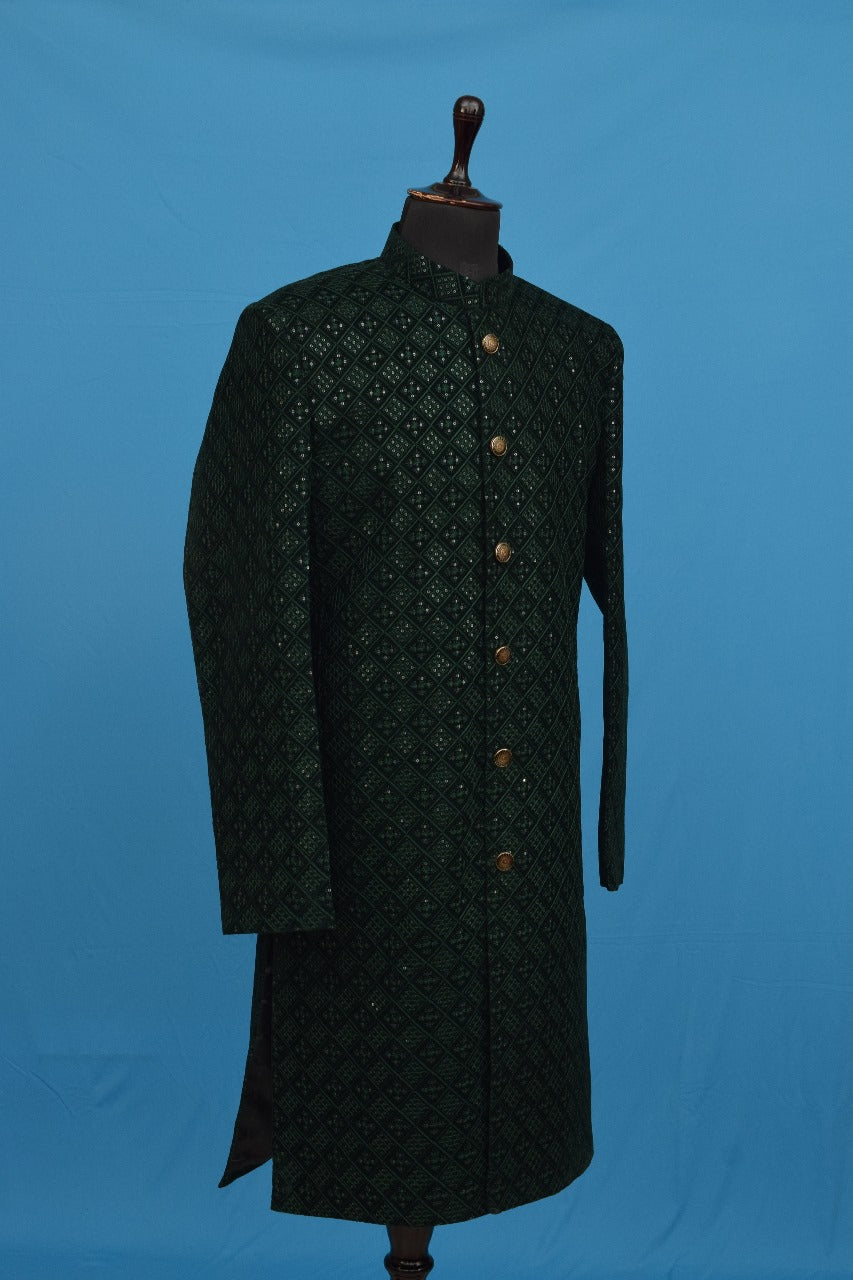 Green Sequence Work Achkan On Velvet Fabric