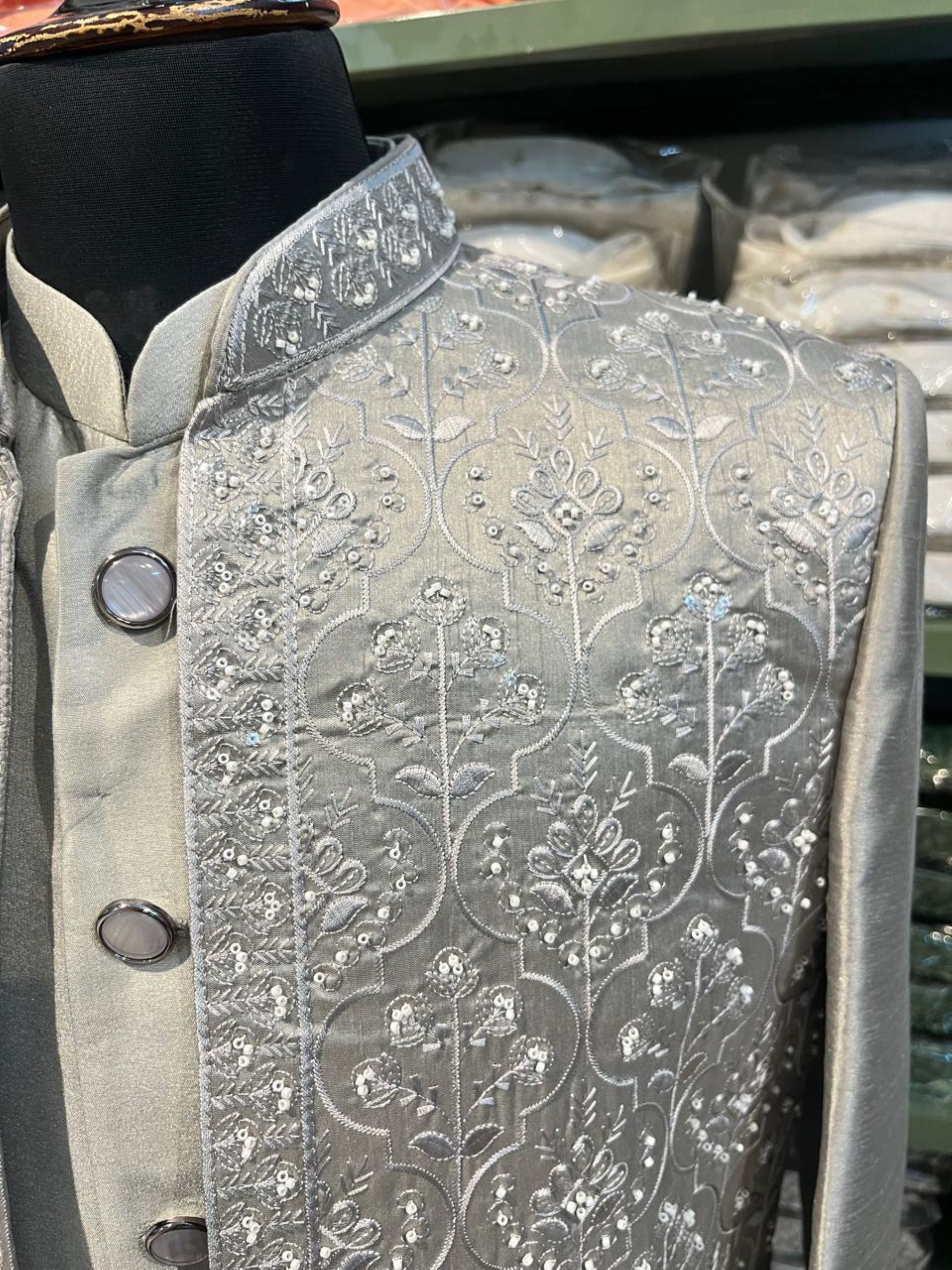 Grey Men's Indowestern Sherwani Pant Set