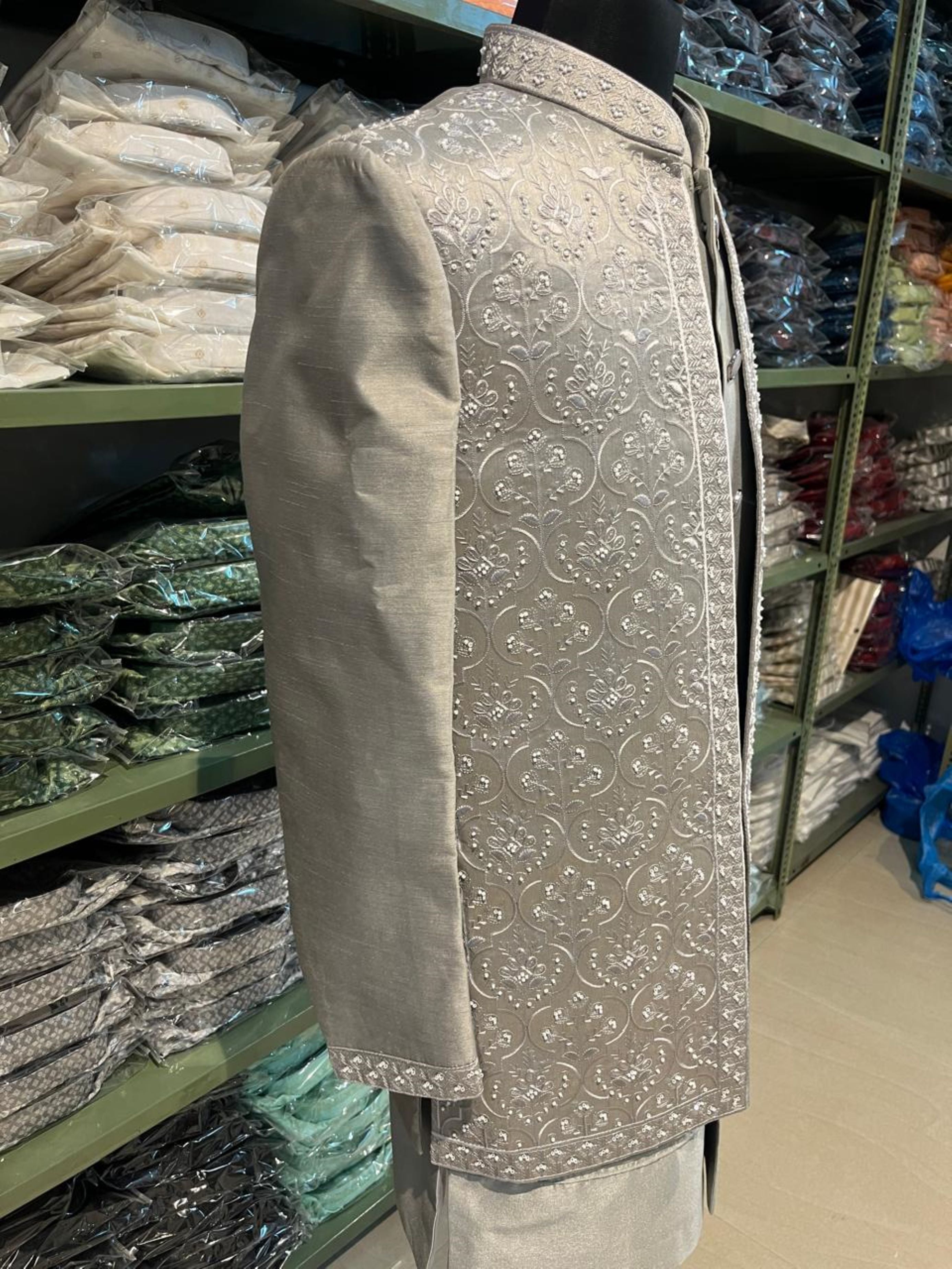 Grey Men's Indowestern Sherwani Pant Set