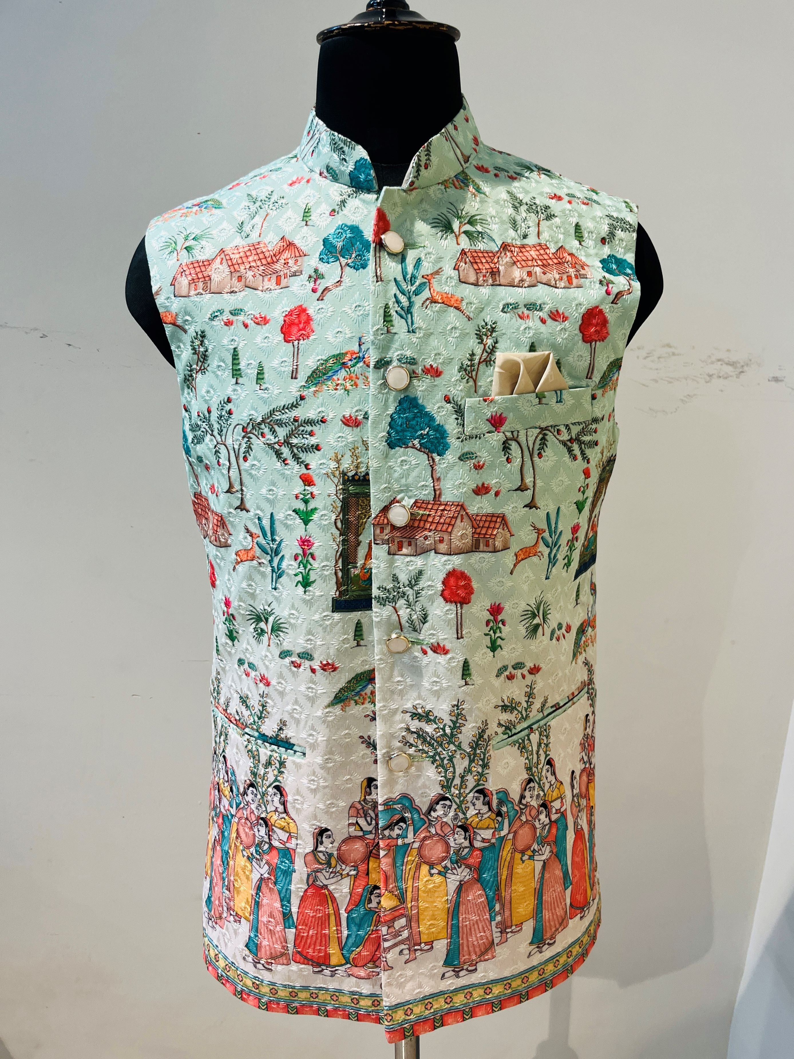 Shaded Chikankari Nehru Jacket For Men