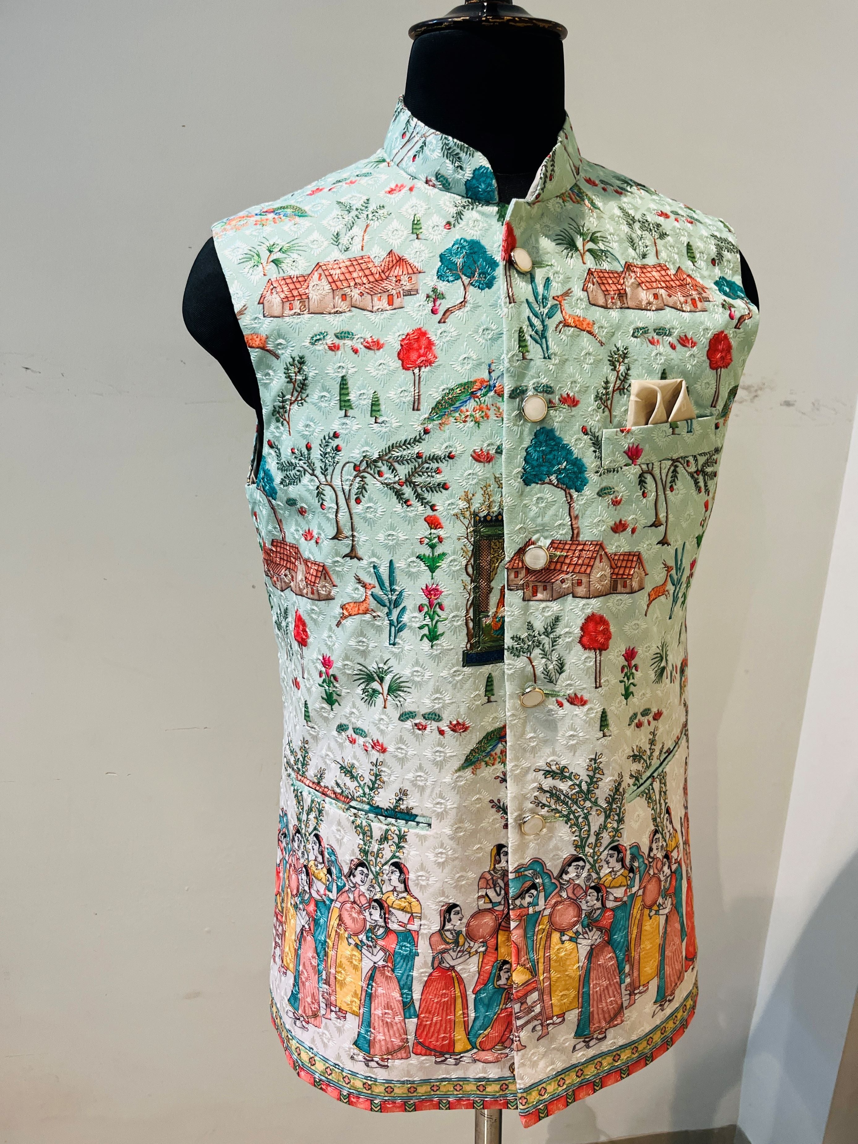 Shaded Chikankari Nehru Jacket For Men