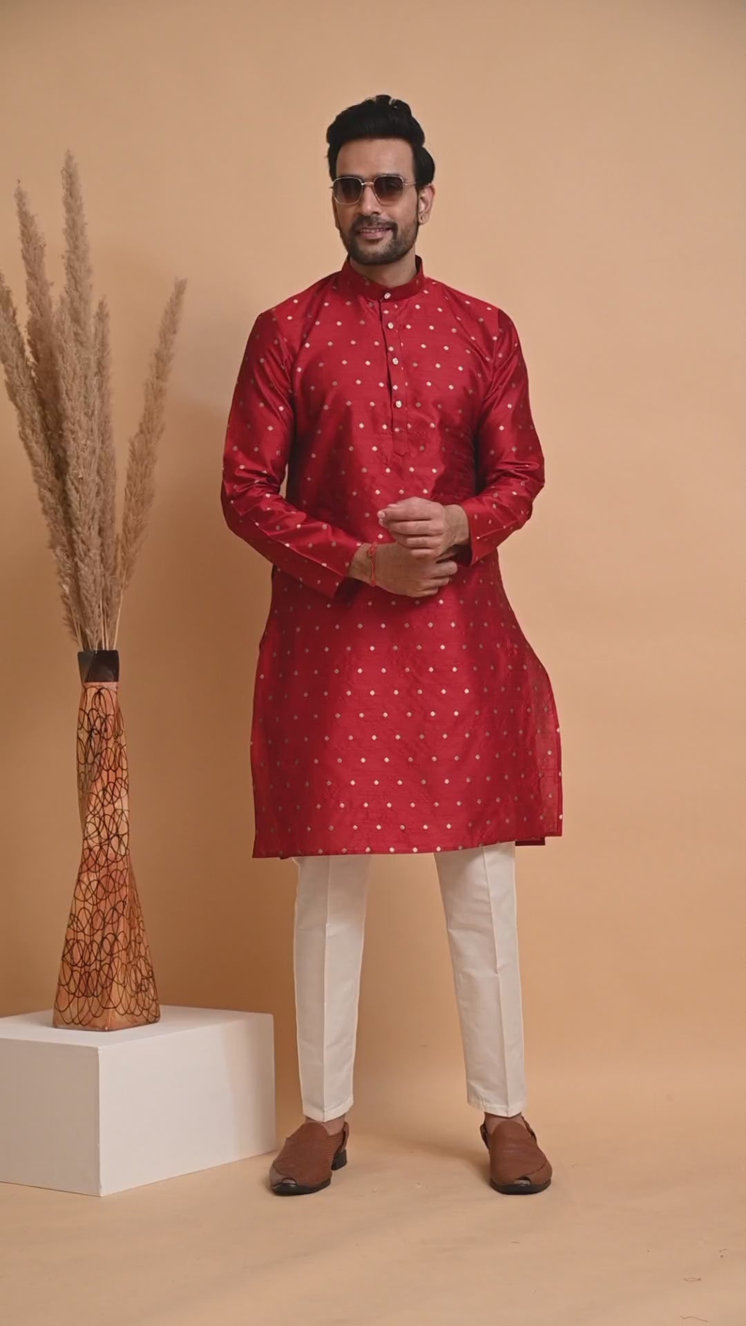 Mens Red Silk Kurta Set  With Zari Motif And off white Pajama