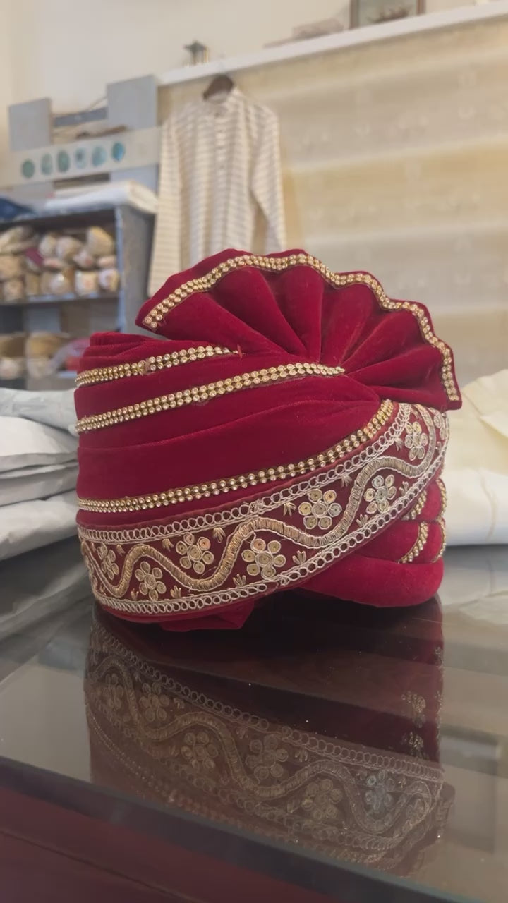 Red velvet Stitched Handwork Border Safa/turban/pagri/pheta   Pheta (Turban Safa) For Men For Wedding/marriage And Traditional Function