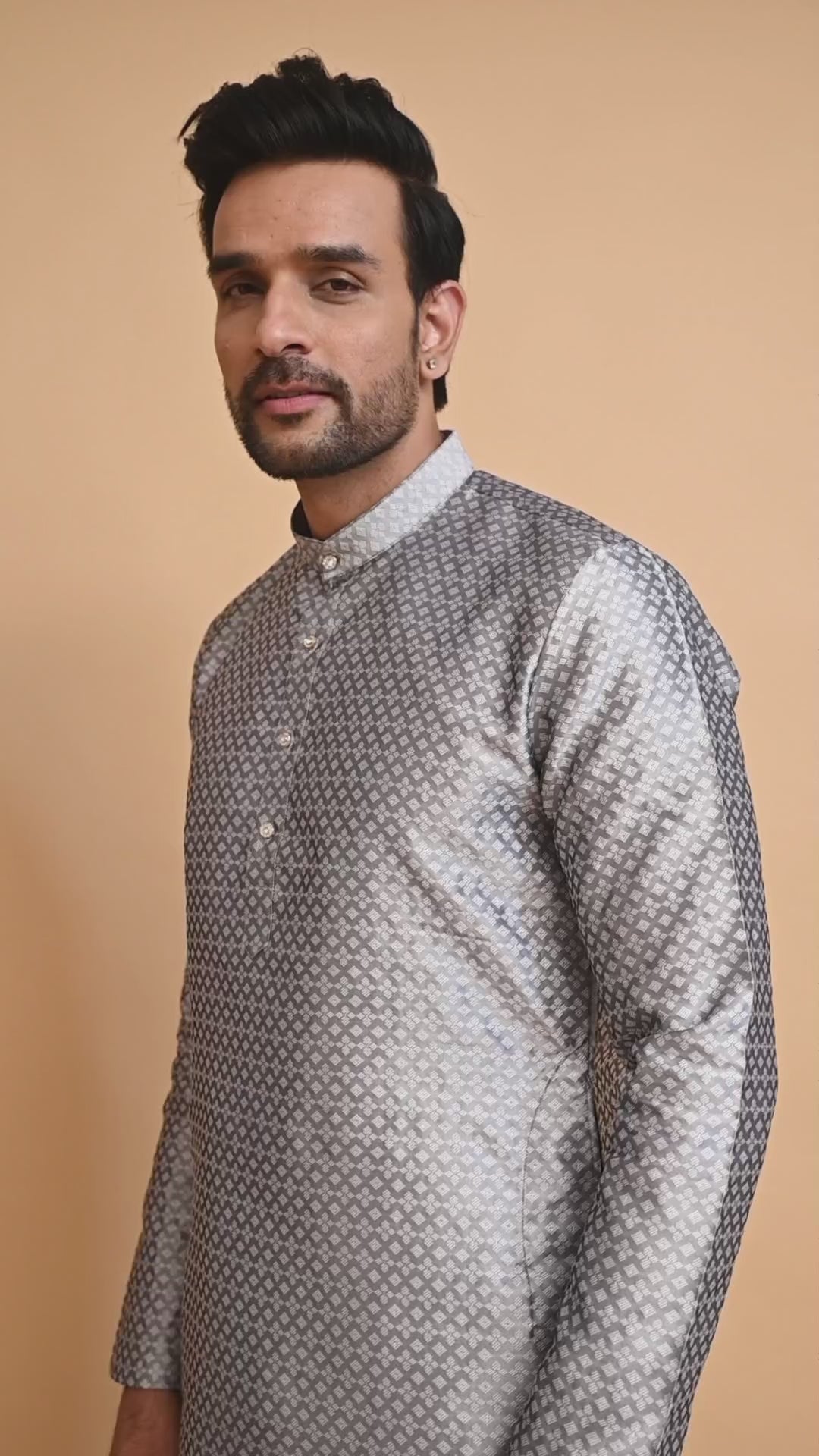 Men's Grey Jacquard Silk Kurta Pyjama - Indian Party Suit | Richart Ethnic Traditional Wear
