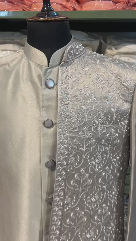 Grey Men's Indowestern Sherwani Pant Set