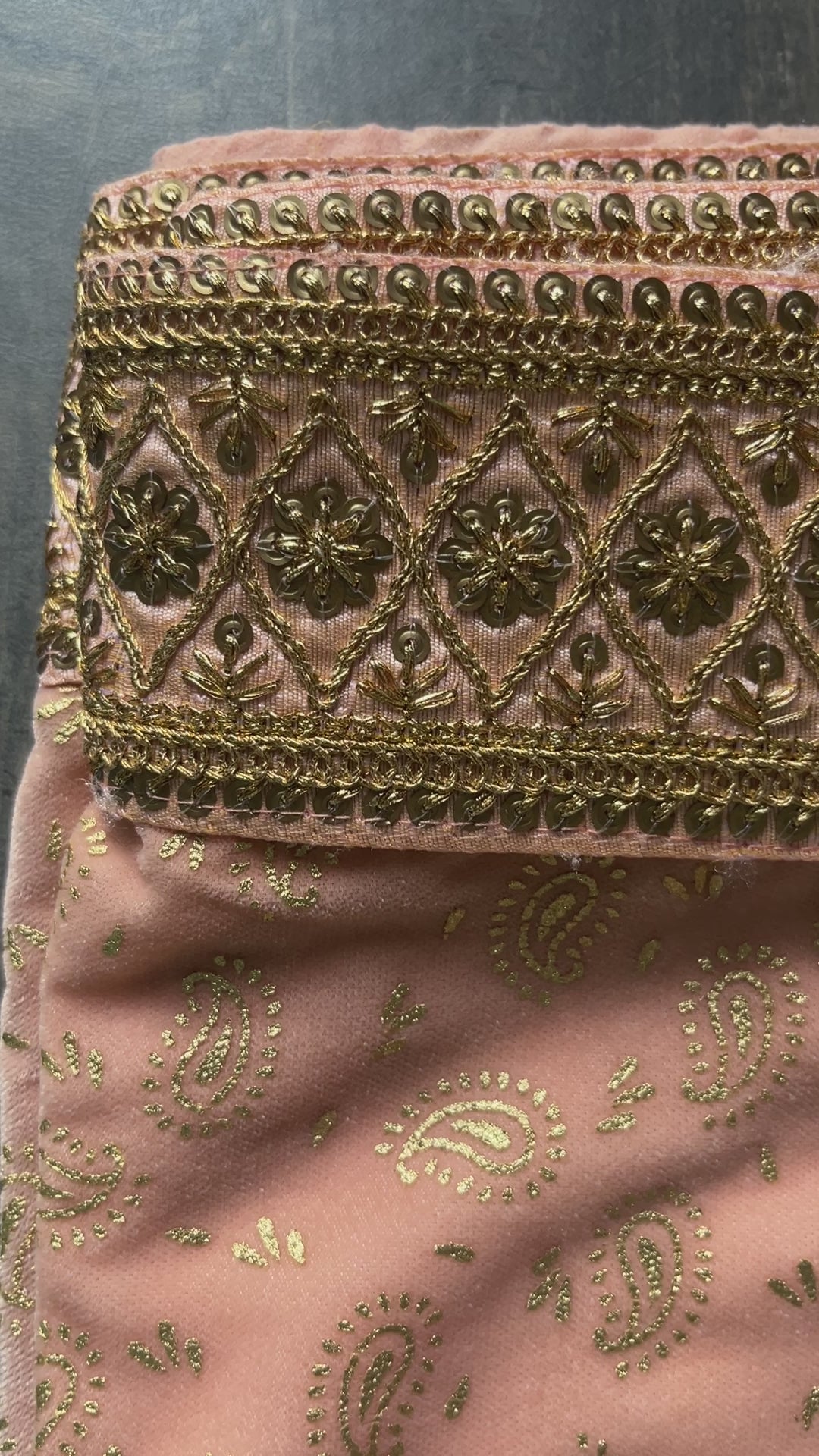 Peach velvet stole with golden prints and handwork border Stole/dupatta For Men and women