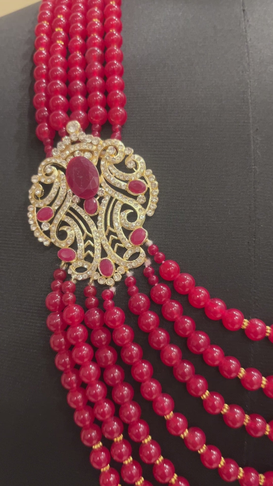 Men's  Red And Golden Broach Mala Necklace For Ethnic Look