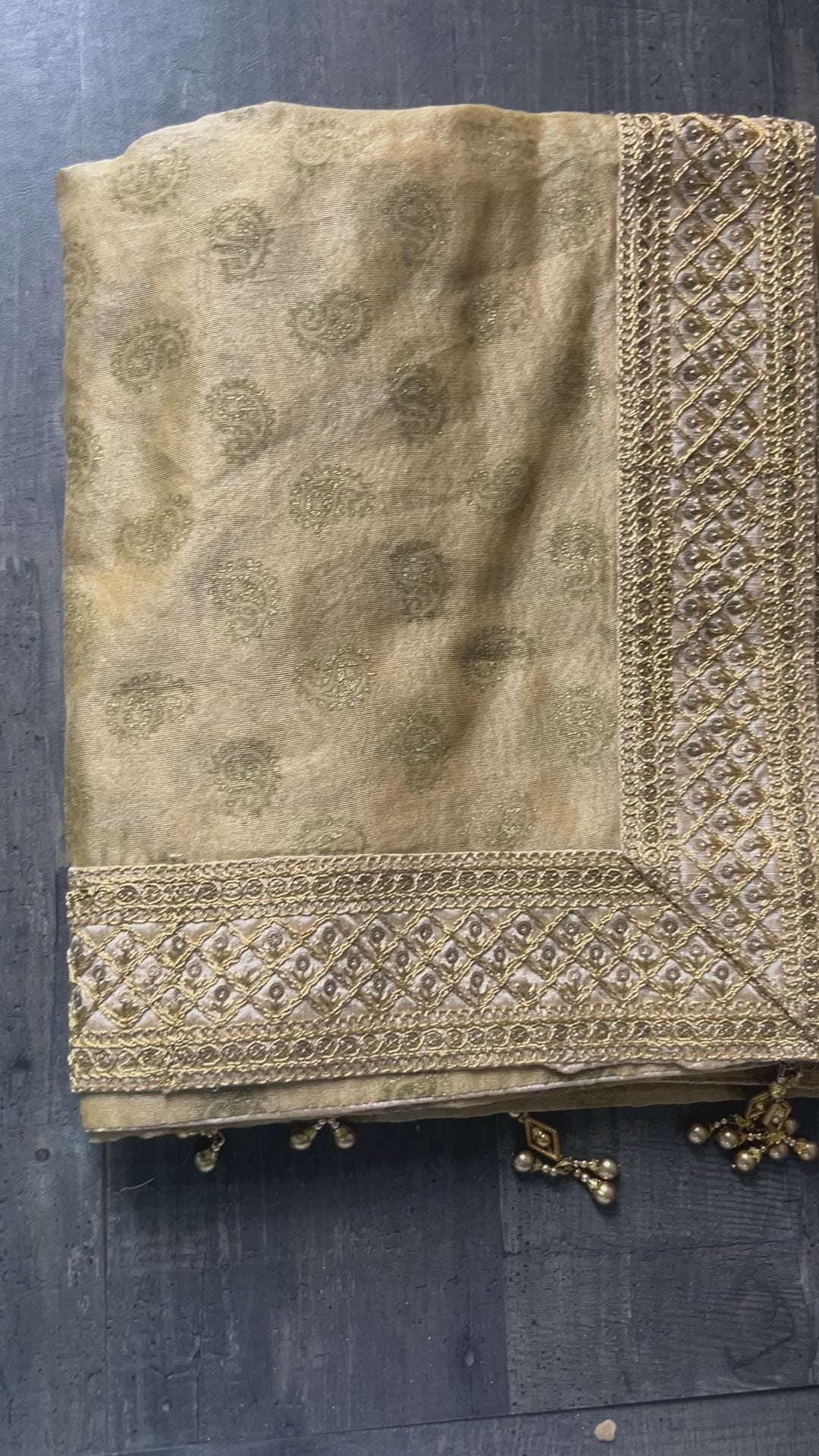 Golden beige Fabric Stole with golden motifs and handcrafted border unisex stole