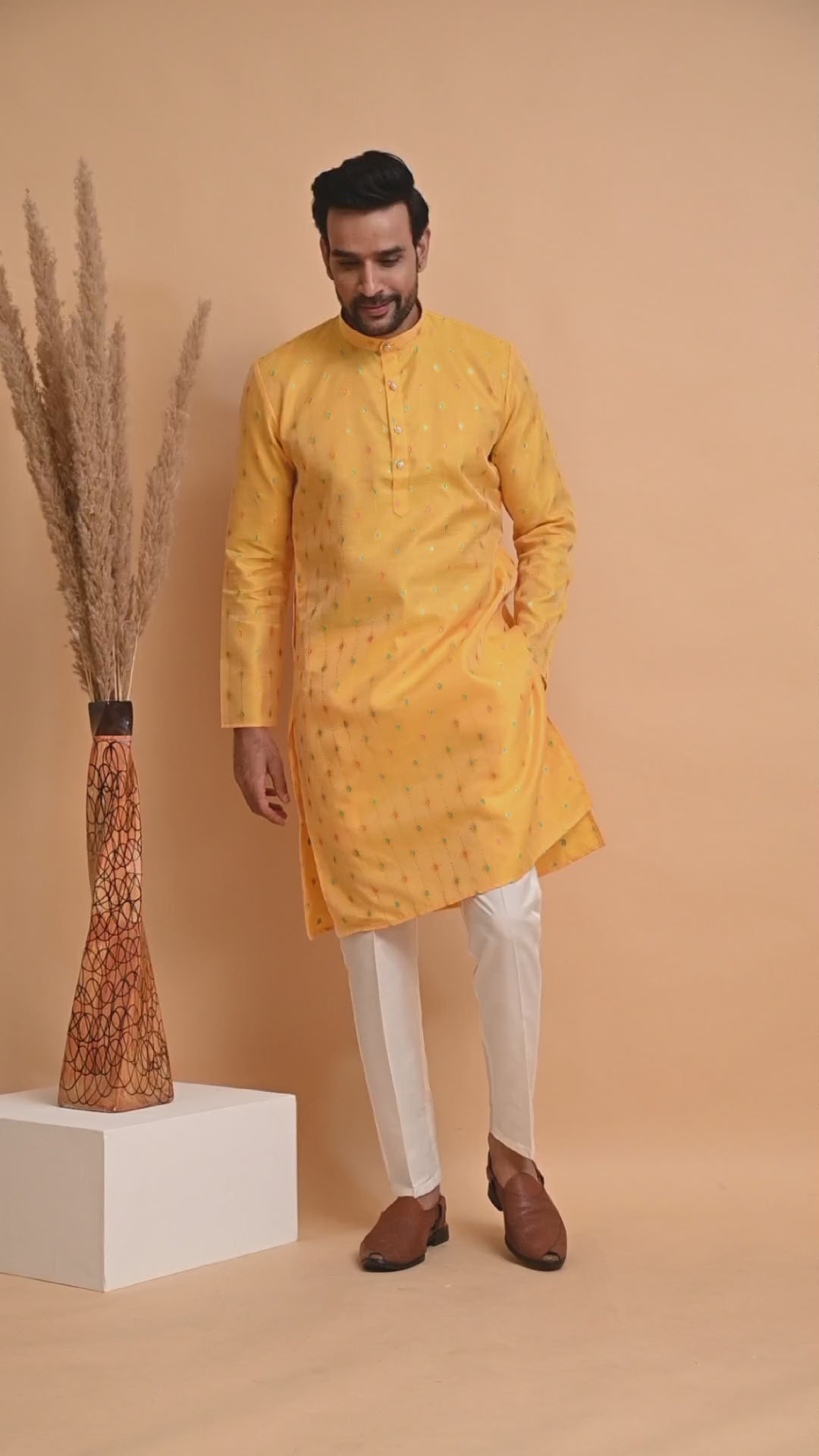 Mens Kurta Yellow Silk Jacquard With Motif And Off White Bottom