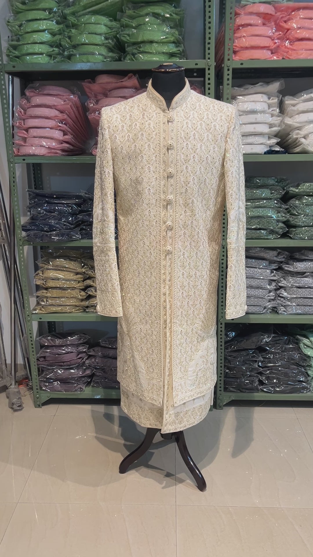 Ivory Sherwani With Handwork And Zari Embroidery