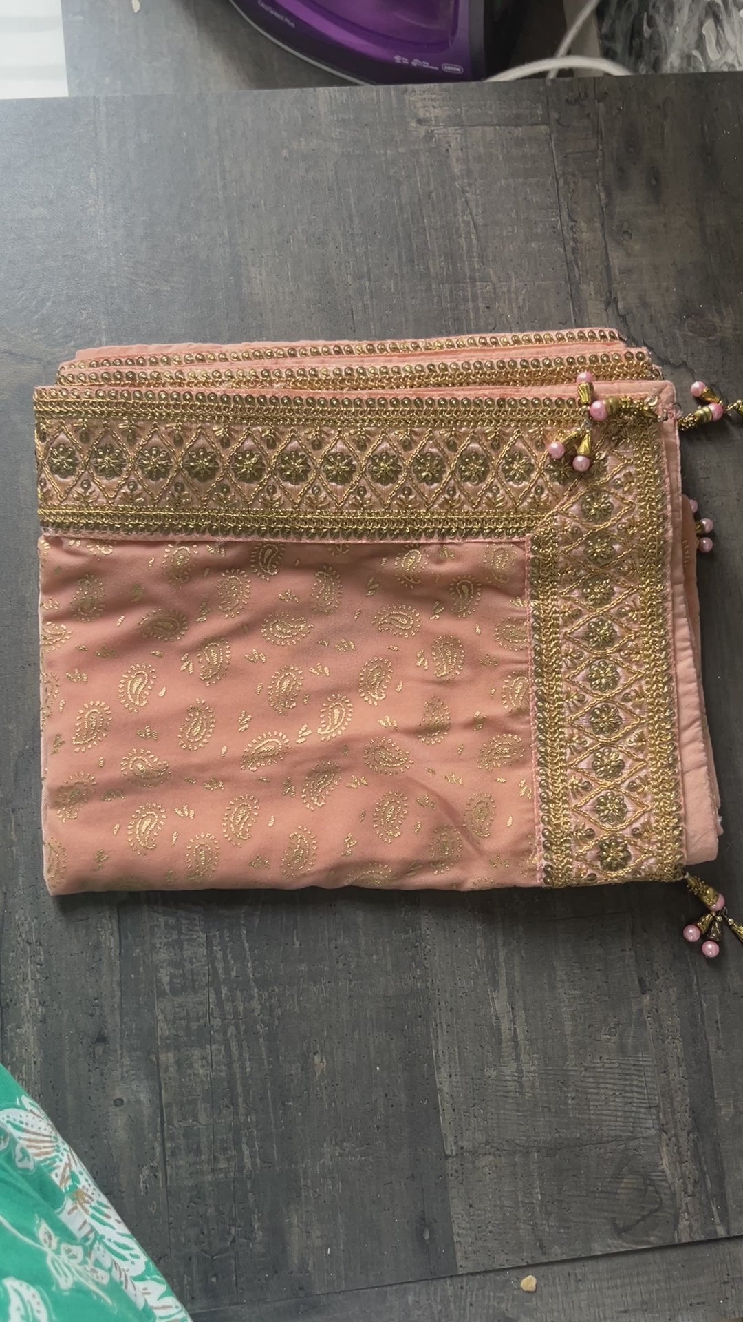 Peach velvet stole with golden prints and handwork border Stole/dupatta For Men and women