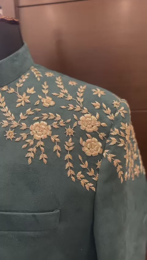 Green Velvet Handwork Achkan For Men | Groom Outfit | Coktail Party Outfit | Groomsmen outfit | Velvet Sherwani For Wedding