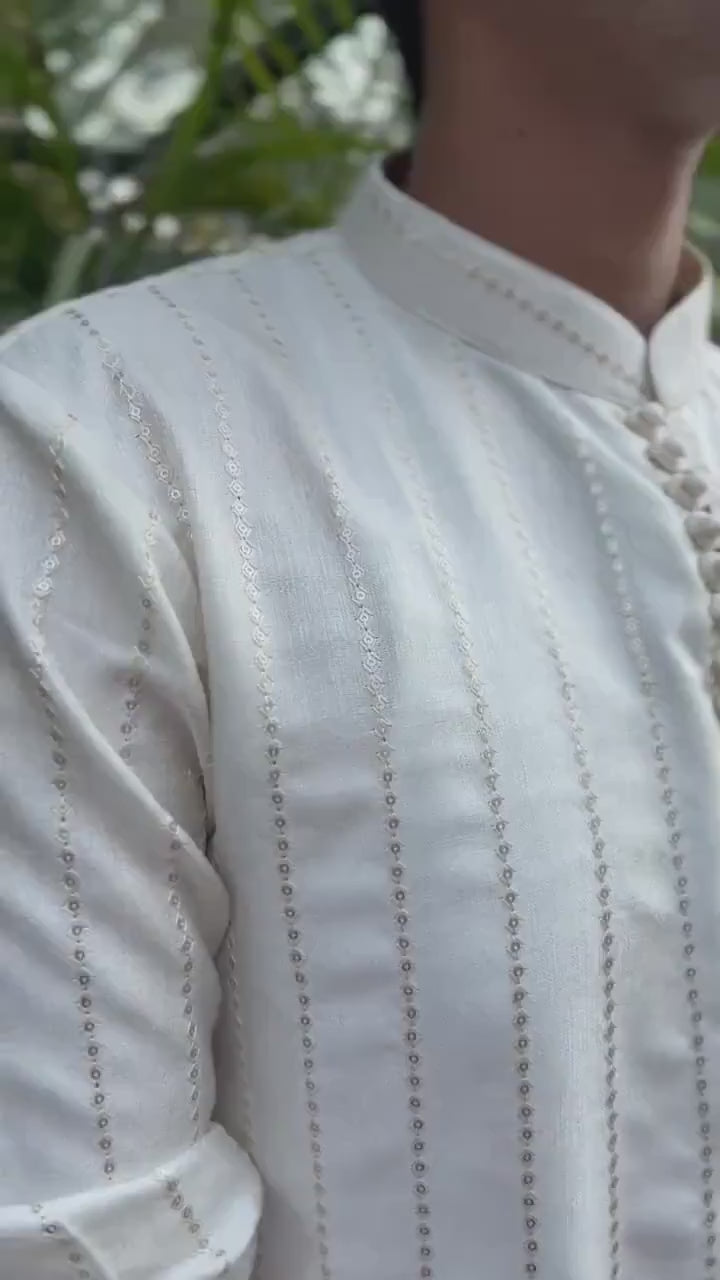 White Sequence Handwork Thread Mens Kurta & Pants Set