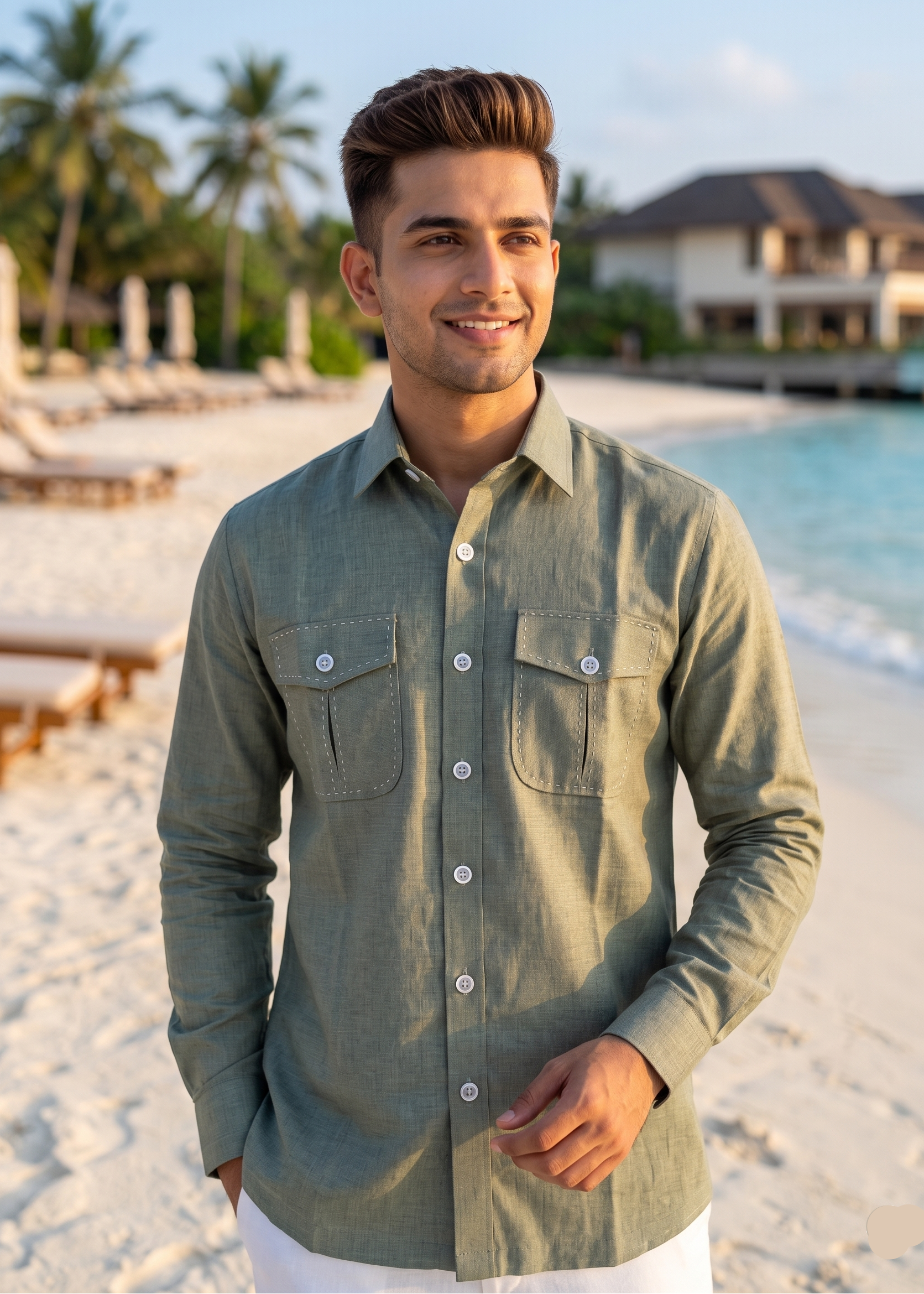 Man wearing a green shirt on a beach with palm trees and a building in the background
